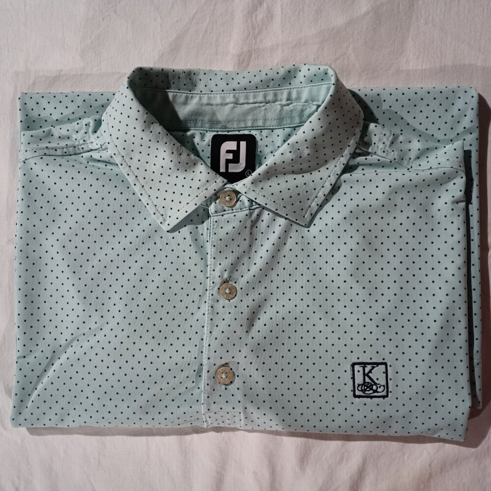 FootJoy Men's Golf Polo L Green with Blue Poka Dots EUC Letter K on Front